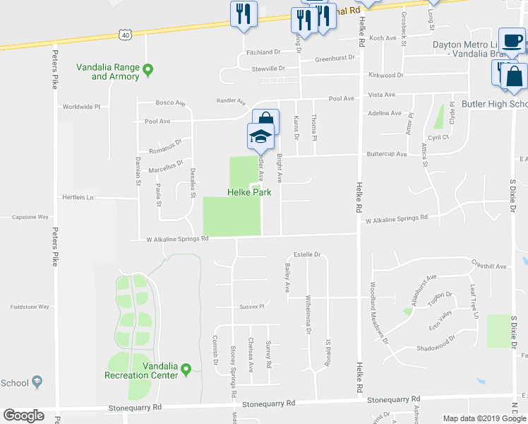 map of restaurants, bars, coffee shops, grocery stores, and more near 910 Randler Avenue in Vandalia