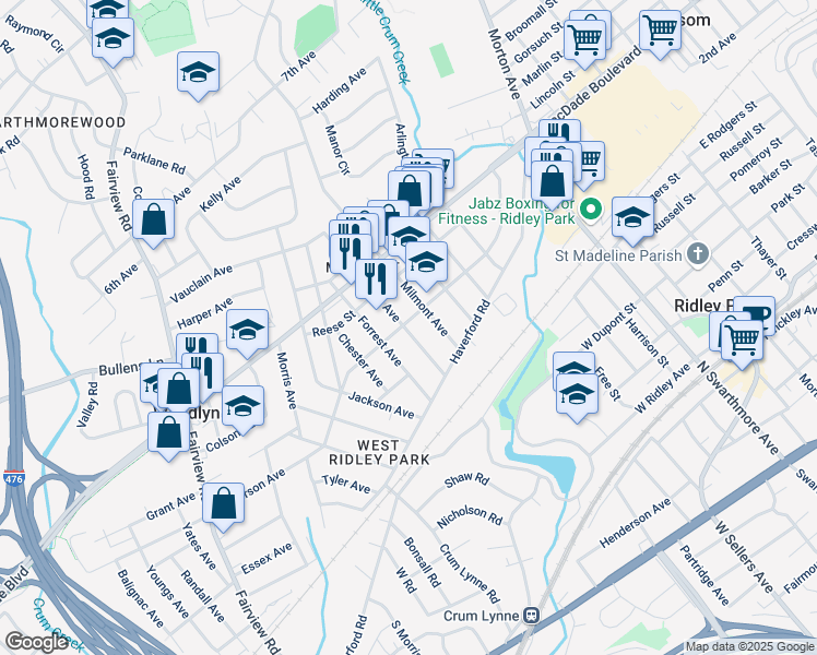 map of restaurants, bars, coffee shops, grocery stores, and more near 618 Belmont Avenue in Woodlyn
