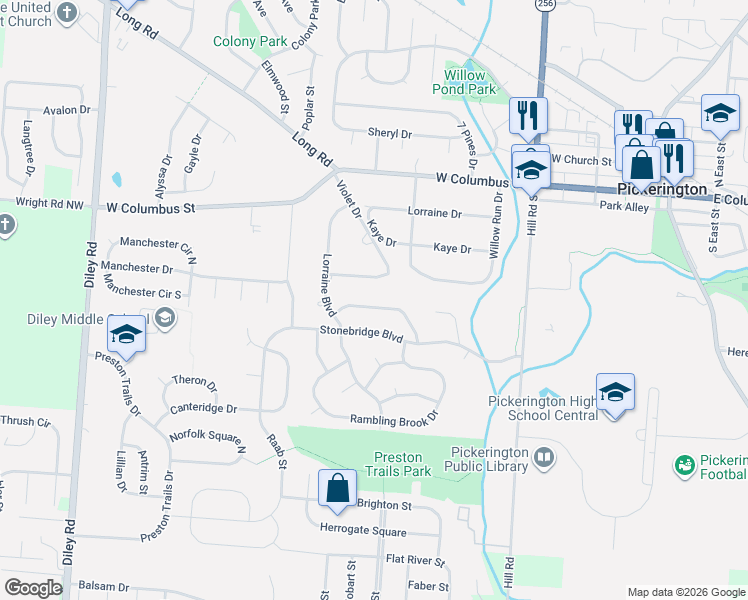 map of restaurants, bars, coffee shops, grocery stores, and more near 410 Brandy Hill Avenue in Pickerington
