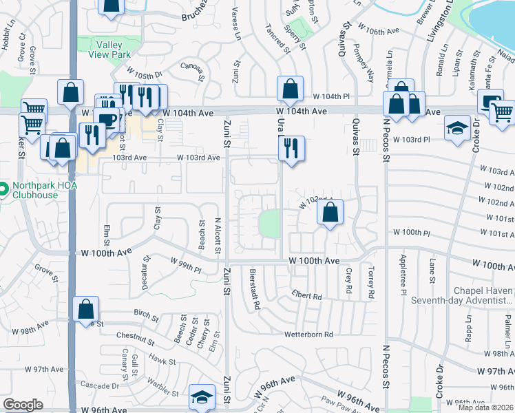 map of restaurants, bars, coffee shops, grocery stores, and more near 10184 Wyandott Circle North in Thornton