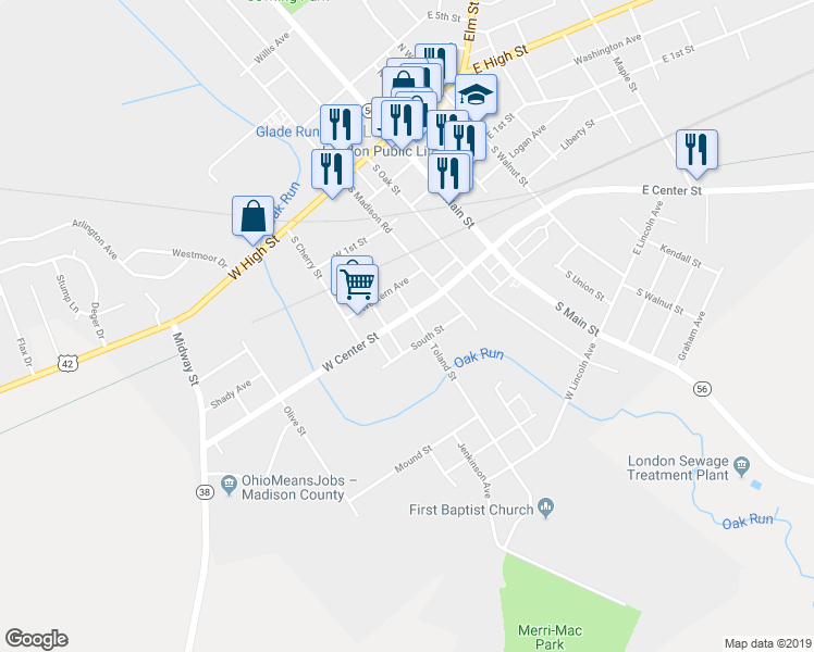map of restaurants, bars, coffee shops, grocery stores, and more near 154 West Center Street in London