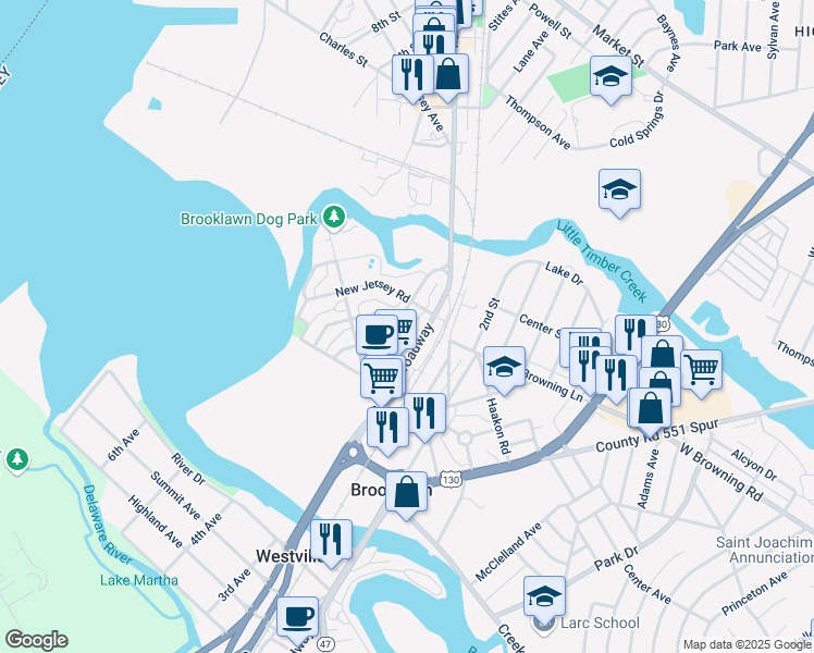 map of restaurants, bars, coffee shops, grocery stores, and more near 207 Chestnut Street in Brooklawn
