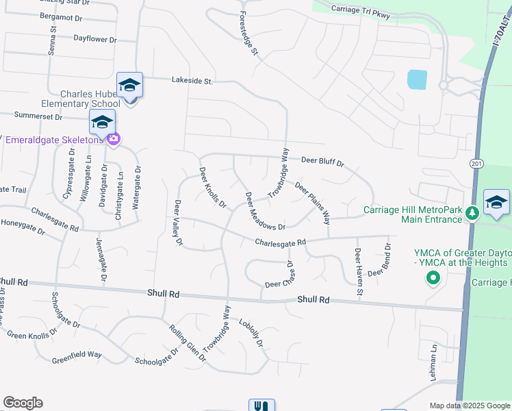 map of restaurants, bars, coffee shops, grocery stores, and more near 8878 Trowbridge Way in Dayton