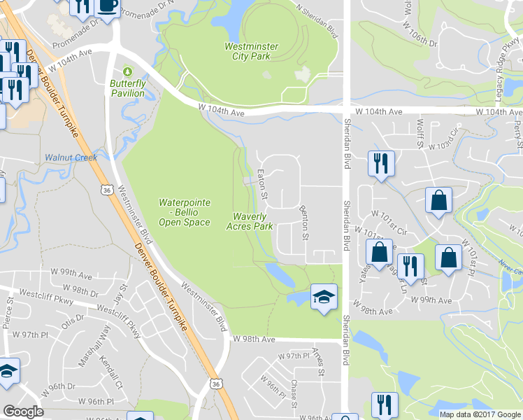 map of restaurants, bars, coffee shops, grocery stores, and more near 10081 Eaton Street in Broomfield