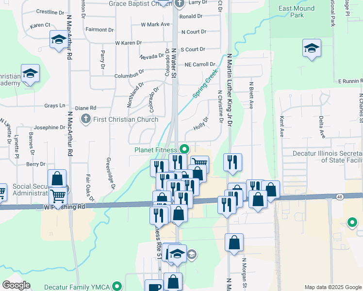 map of restaurants, bars, coffee shops, grocery stores, and more near 225 East Christine Drive in Decatur