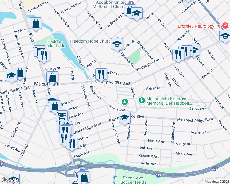 map of restaurants, bars, coffee shops, grocery stores, and more near 12 Dallas Avenue in Haddon Heights