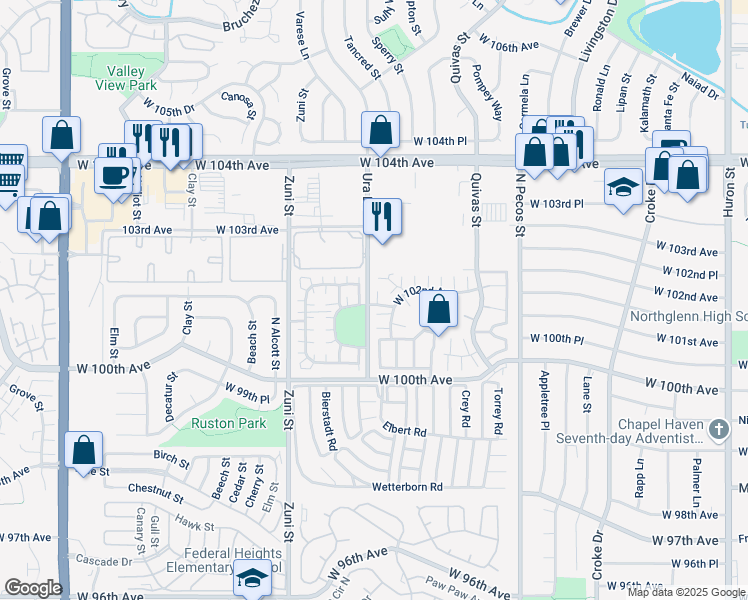 map of restaurants, bars, coffee shops, grocery stores, and more near 2043 West 102nd Avenue in Thornton