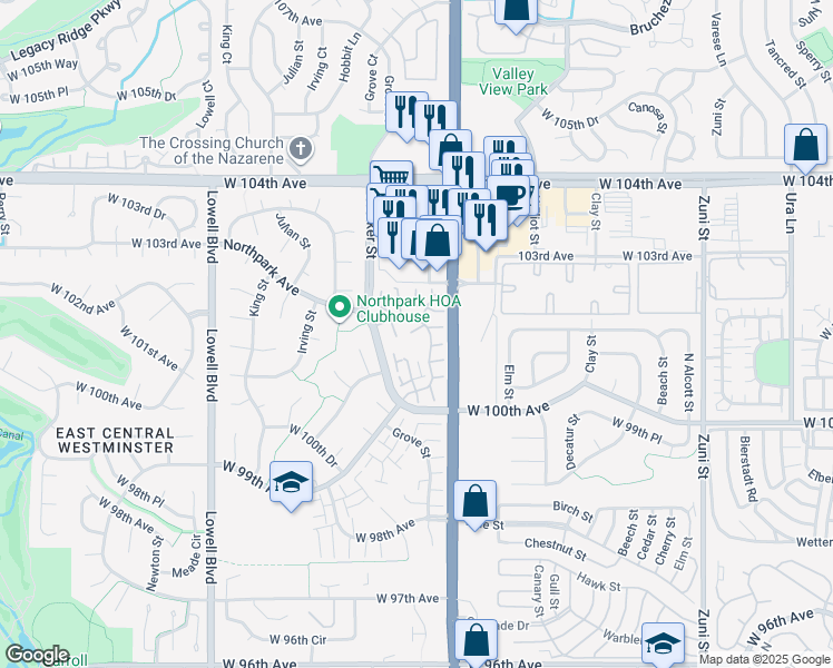 map of restaurants, bars, coffee shops, grocery stores, and more near 10117 North Grove Loop in Westminster
