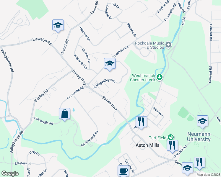 map of restaurants, bars, coffee shops, grocery stores, and more near 40 Steeplechase Circle in Aston