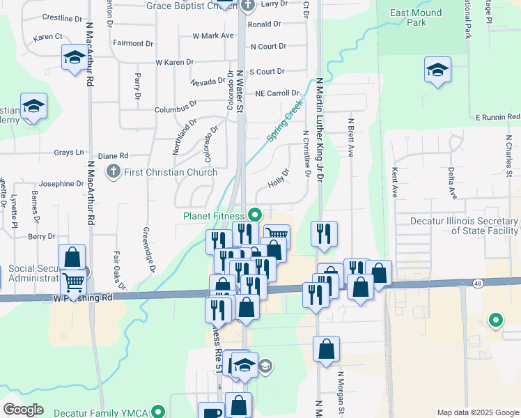 map of restaurants, bars, coffee shops, grocery stores, and more near 225 East Christine Drive in Decatur