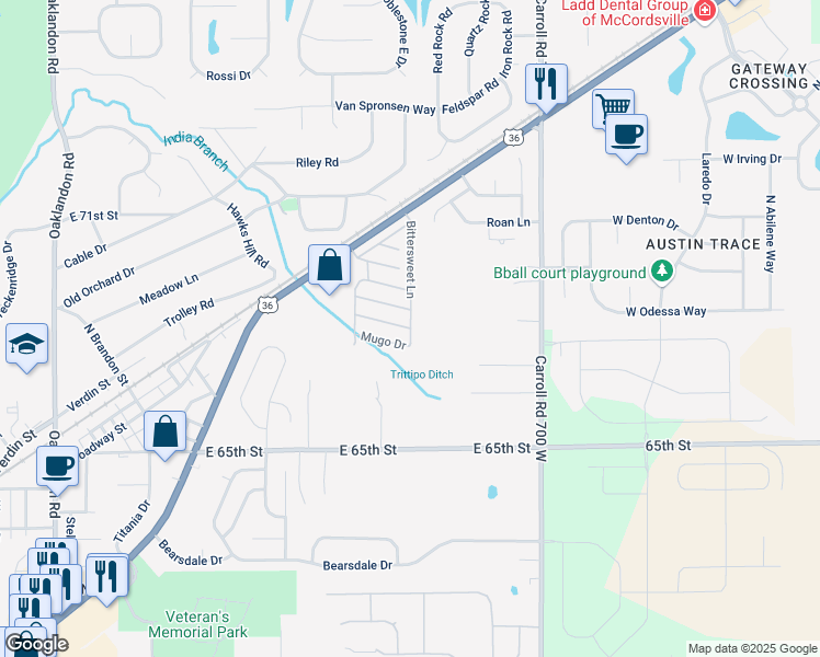 map of restaurants, bars, coffee shops, grocery stores, and more near 12599 Pineneedle Dr in Indianapolis