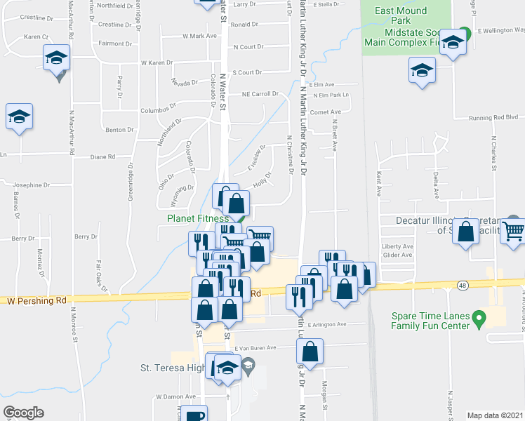 map of restaurants, bars, coffee shops, grocery stores, and more near 307 East Christine Drive in Decatur