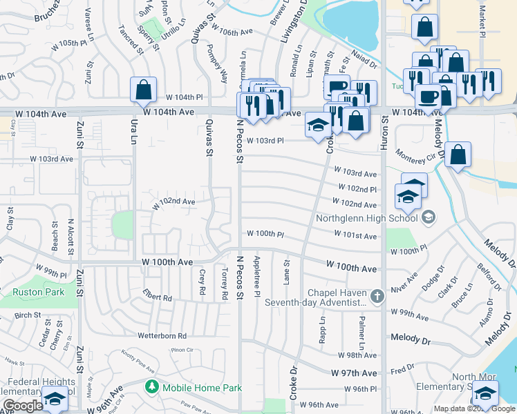 map of restaurants, bars, coffee shops, grocery stores, and more near 1426 West 101st Place in Northglenn
