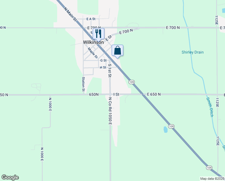 map of restaurants, bars, coffee shops, grocery stores, and more near 679 South 1st Street in Wilkinson