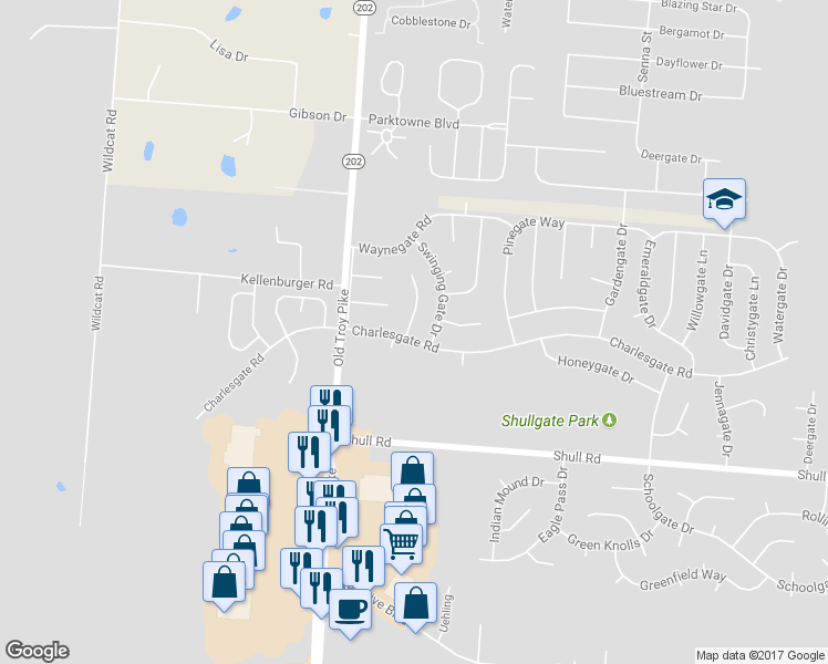 map of restaurants, bars, coffee shops, grocery stores, and more near 8830 Cherrygate Court in Dayton