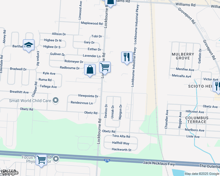 map of restaurants, bars, coffee shops, grocery stores, and more near 4140 Lockbourne Rd in Columbus