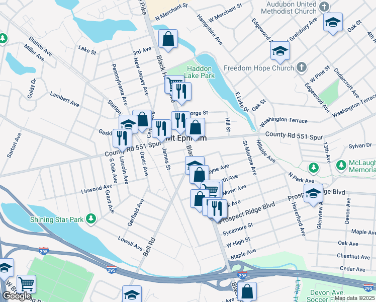 map of restaurants, bars, coffee shops, grocery stores, and more near 13 South Black Horse Pike in Mount Ephraim