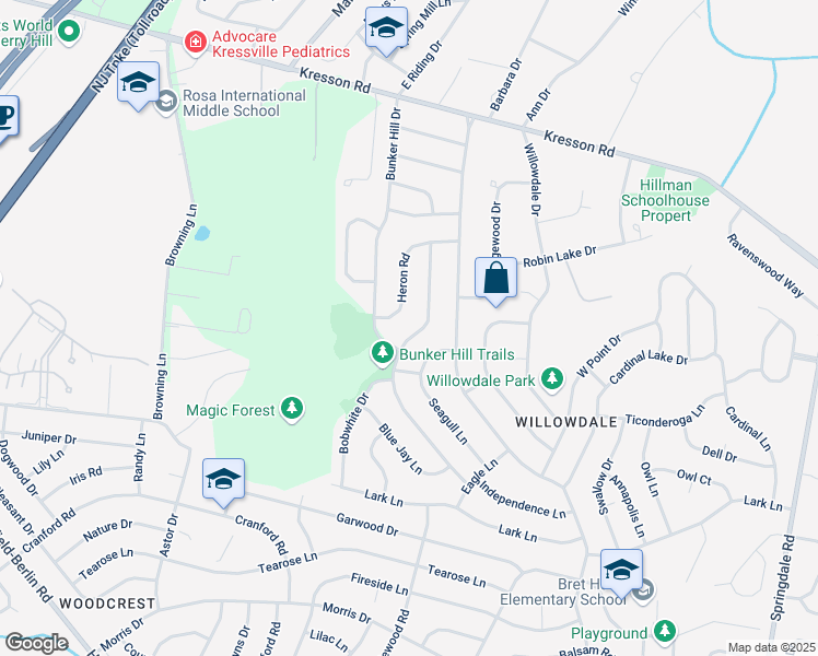 map of restaurants, bars, coffee shops, grocery stores, and more near 1224 Liberty Bell Drive in Cherry Hill
