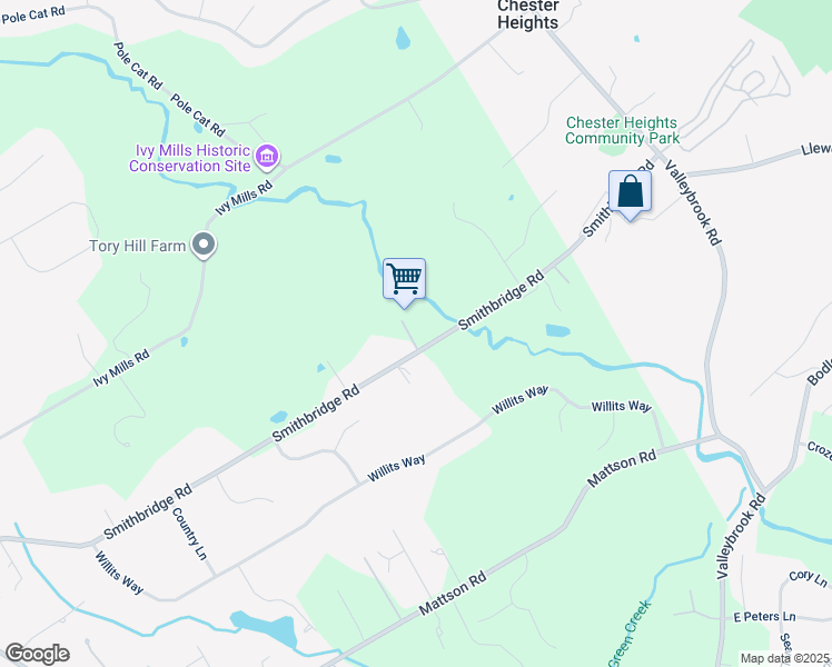 map of restaurants, bars, coffee shops, grocery stores, and more near 121 Smithbridge Road in Glen Mills