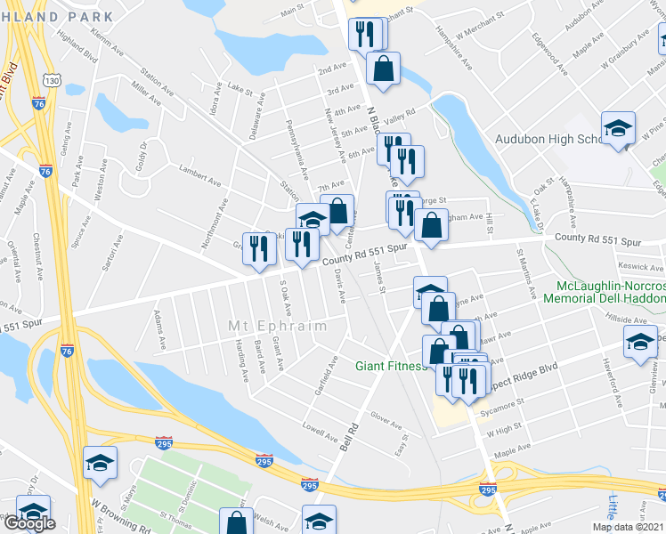 map of restaurants, bars, coffee shops, grocery stores, and more near 200 West Kings Highway in Mount Ephraim