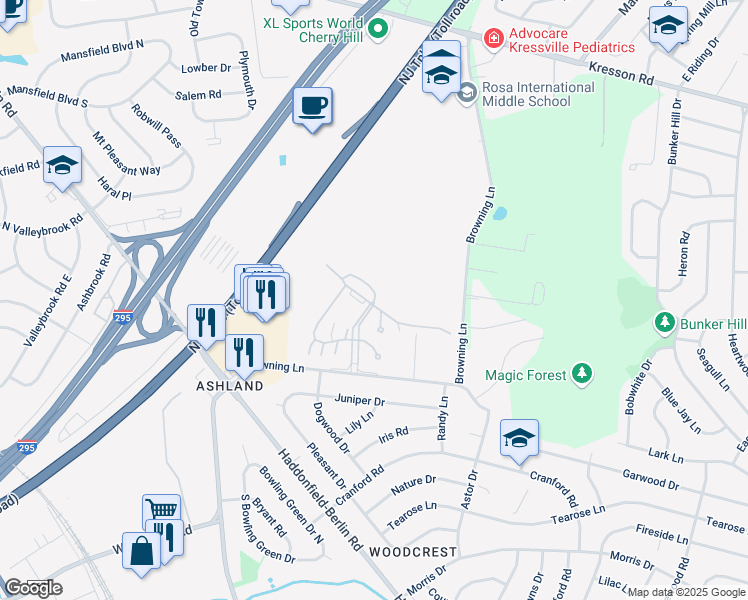 map of restaurants, bars, coffee shops, grocery stores, and more near in Cherry Hill
