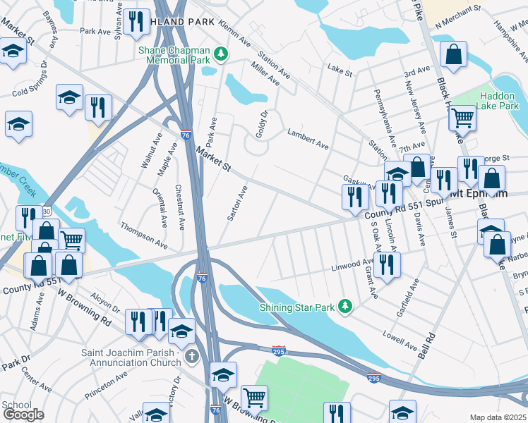 map of restaurants, bars, coffee shops, grocery stores, and more near 35 Remington Avenue in Mount Ephraim