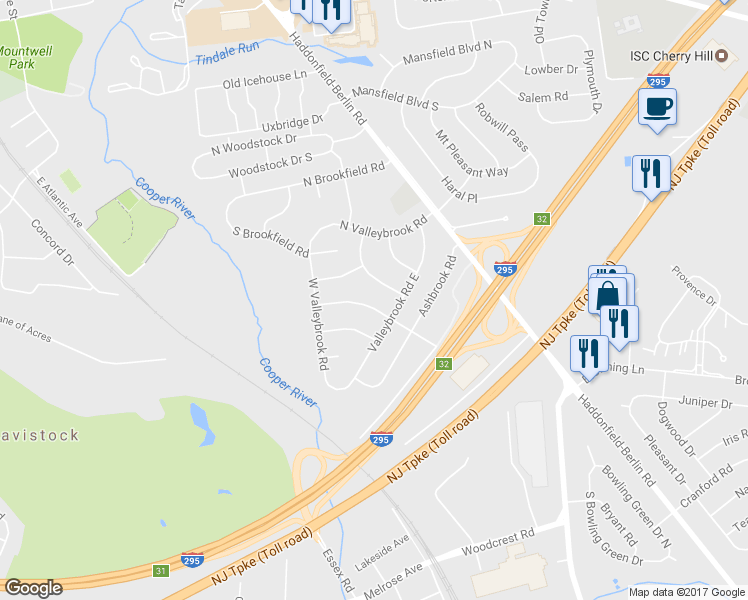map of restaurants, bars, coffee shops, grocery stores, and more near 124 Oakdale Road in Cherry Hill