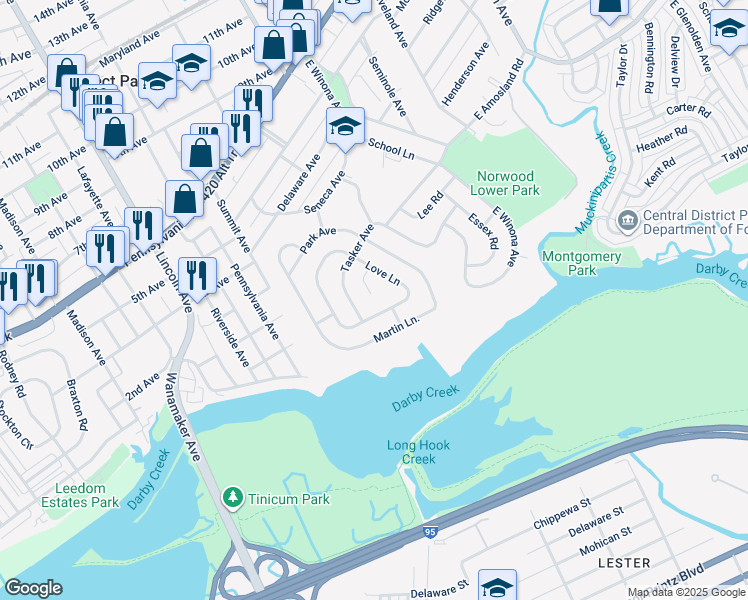 map of restaurants, bars, coffee shops, grocery stores, and more near 5 Circle Lane in Norwood