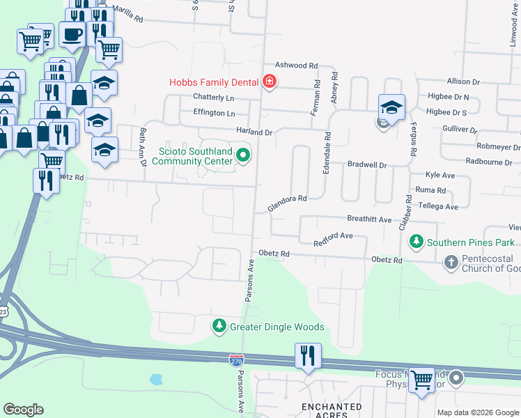 map of restaurants, bars, coffee shops, grocery stores, and more near 542 Glendora Road in Columbus