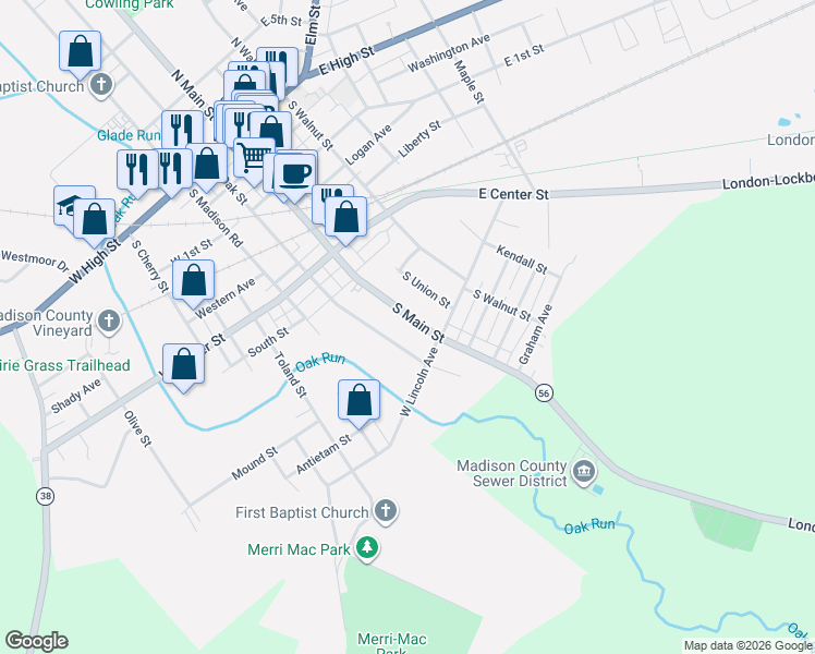 map of restaurants, bars, coffee shops, grocery stores, and more near 220 South Oak Street in London
