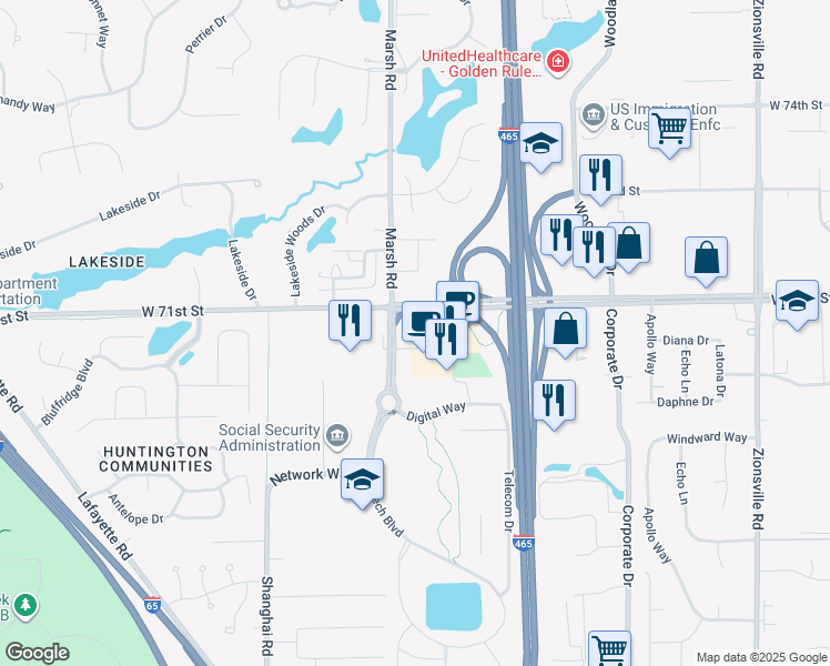 map of restaurants, bars, coffee shops, grocery stores, and more near 6396 Intech Commons Drive in Indianapolis