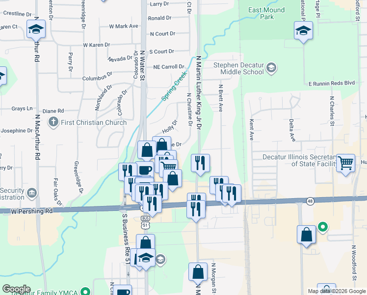 map of restaurants, bars, coffee shops, grocery stores, and more near 309 East Christine Drive in Decatur