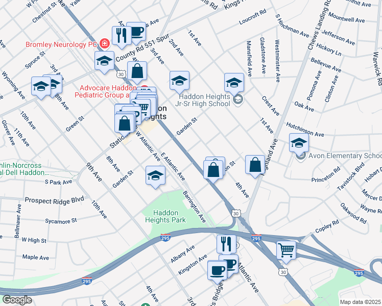 map of restaurants, bars, coffee shops, grocery stores, and more near 401 White Horse Pike in Haddon Heights