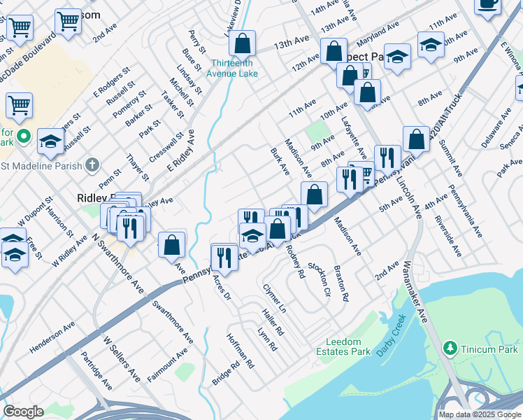 map of restaurants, bars, coffee shops, grocery stores, and more near 202 Hinkson Boulevard in Ridley Park
