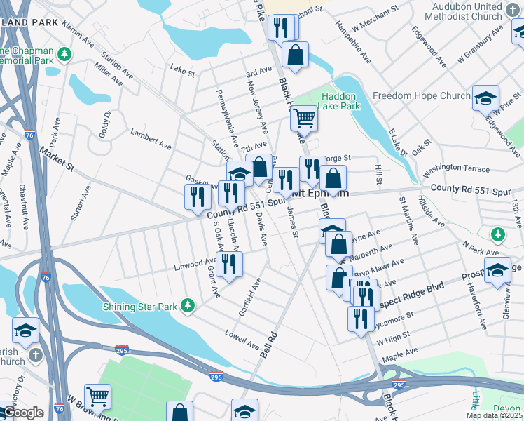map of restaurants, bars, coffee shops, grocery stores, and more near 200 West Kings Highway in Mount Ephraim
