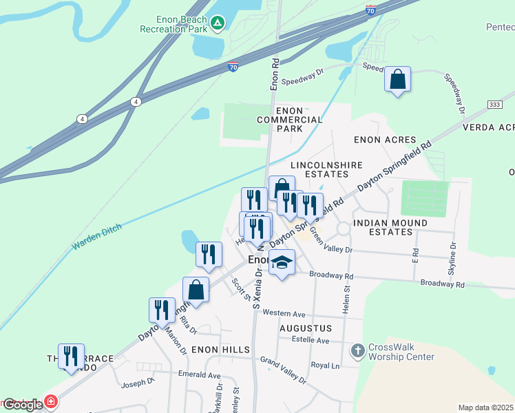 map of restaurants, bars, coffee shops, grocery stores, and more near 3107 Enon Rd in Enon