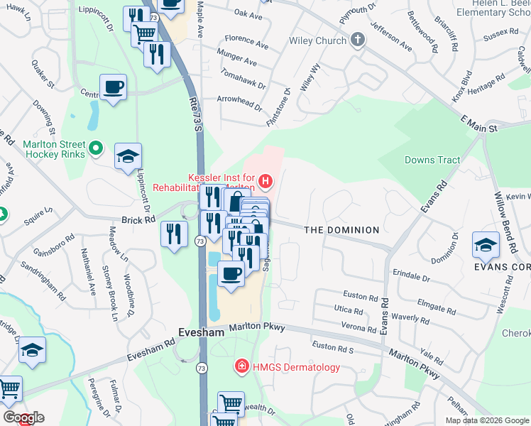 map of restaurants, bars, coffee shops, grocery stores, and more near 76 Brick Road in Evesham Township