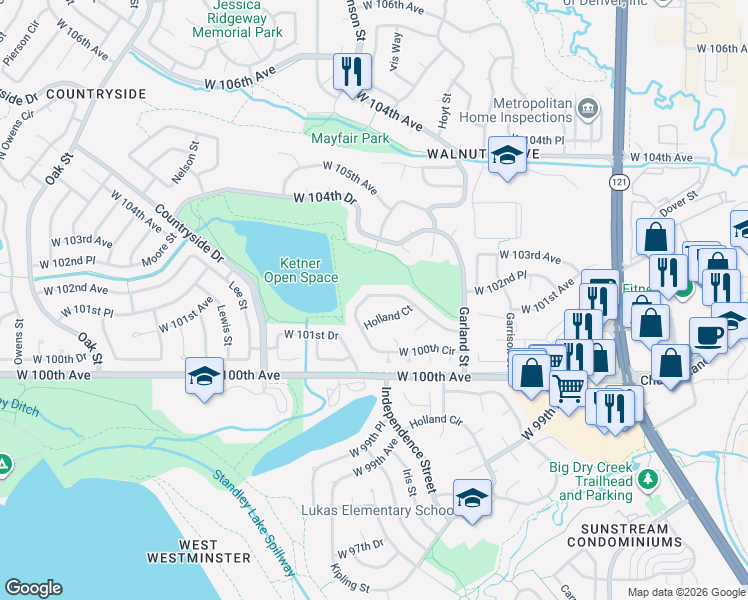 map of restaurants, bars, coffee shops, grocery stores, and more near 9297 West 100th Circle in Westminster