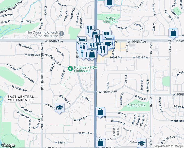 map of restaurants, bars, coffee shops, grocery stores, and more near 10112 North Grove Loop in Westminster