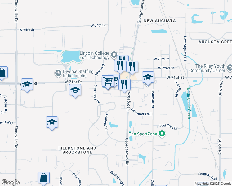 map of restaurants, bars, coffee shops, grocery stores, and more near 5025 West 71st Street in Indianapolis