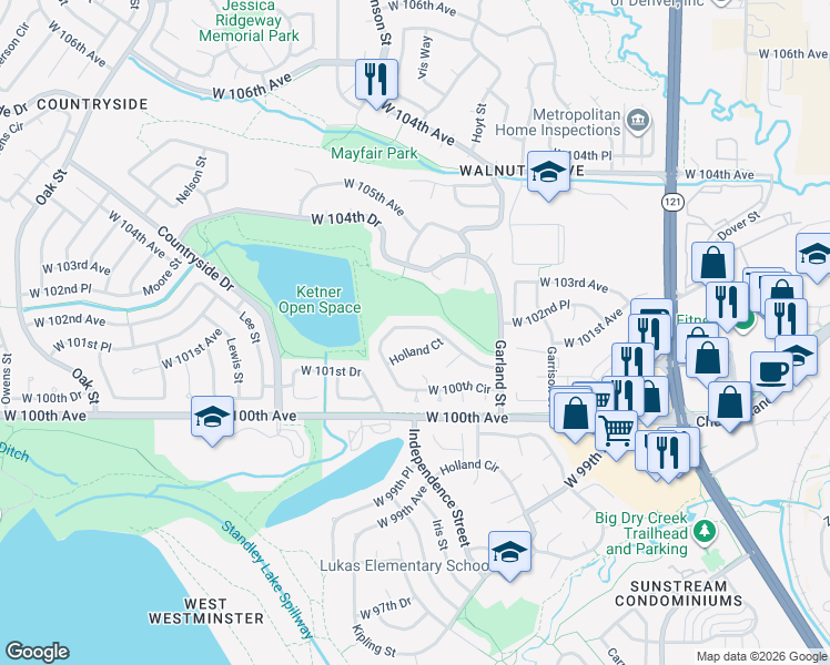 map of restaurants, bars, coffee shops, grocery stores, and more near 9297 West 100th Circle in Westminster