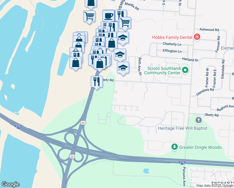 map of restaurants, bars, coffee shops, grocery stores, and more near 3942 Southpoint Boulevard in Columbus