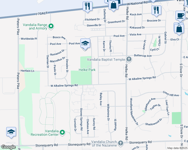 map of restaurants, bars, coffee shops, grocery stores, and more near 910 Randler Avenue in Vandalia