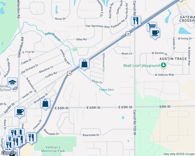 map of restaurants, bars, coffee shops, grocery stores, and more near 12401-12599 Pineneedle Dr in Indianapolis