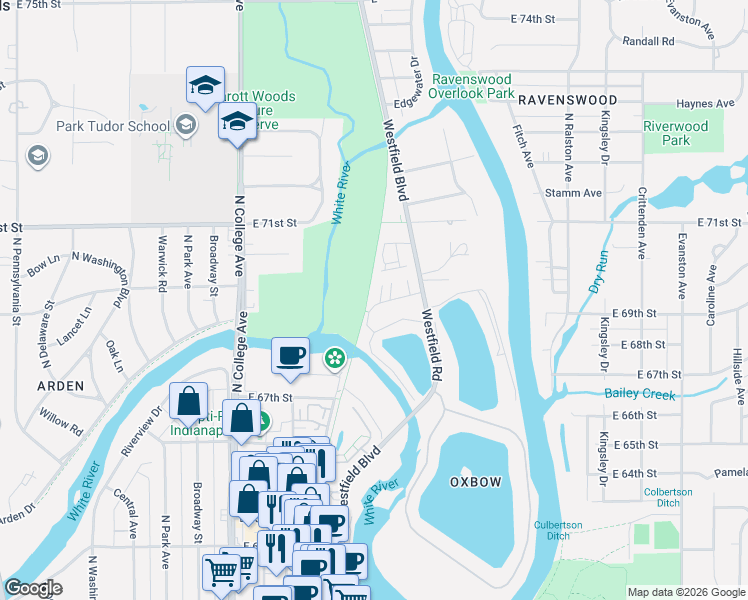 map of restaurants, bars, coffee shops, grocery stores, and more near 1041 Island Woods Drive in Indianapolis