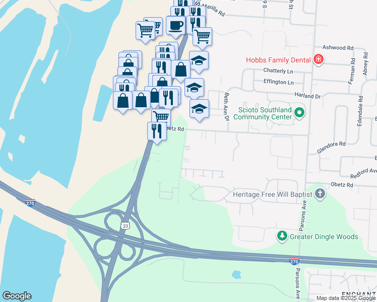 map of restaurants, bars, coffee shops, grocery stores, and more near 3942 Southpoint Boulevard in Columbus