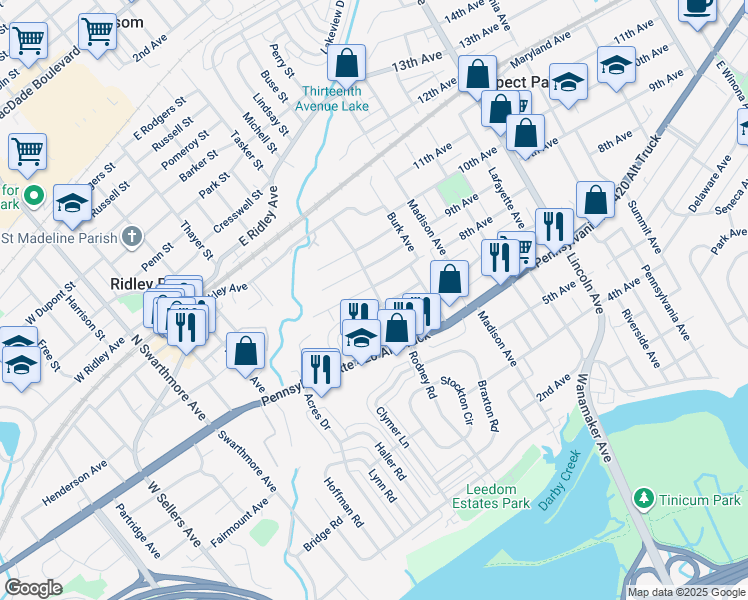 map of restaurants, bars, coffee shops, grocery stores, and more near 202 Hinkson Boulevard in Ridley Park