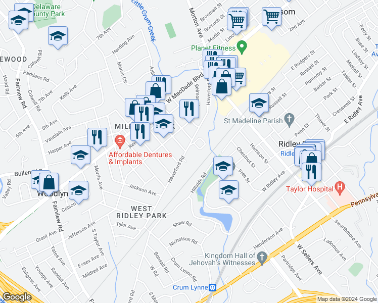 map of restaurants, bars, coffee shops, grocery stores, and more near 408 Haverford Road in Ridley Park