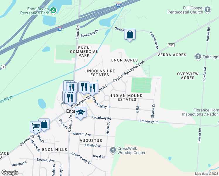 map of restaurants, bars, coffee shops, grocery stores, and more near 455 East Main Street in Enon