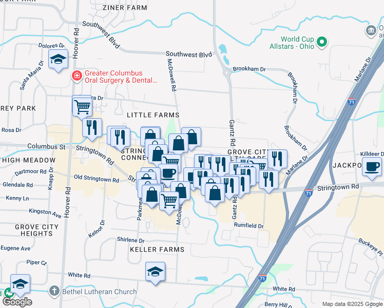 map of restaurants, bars, coffee shops, grocery stores, and more near 4026 McDowell Road in Grove City